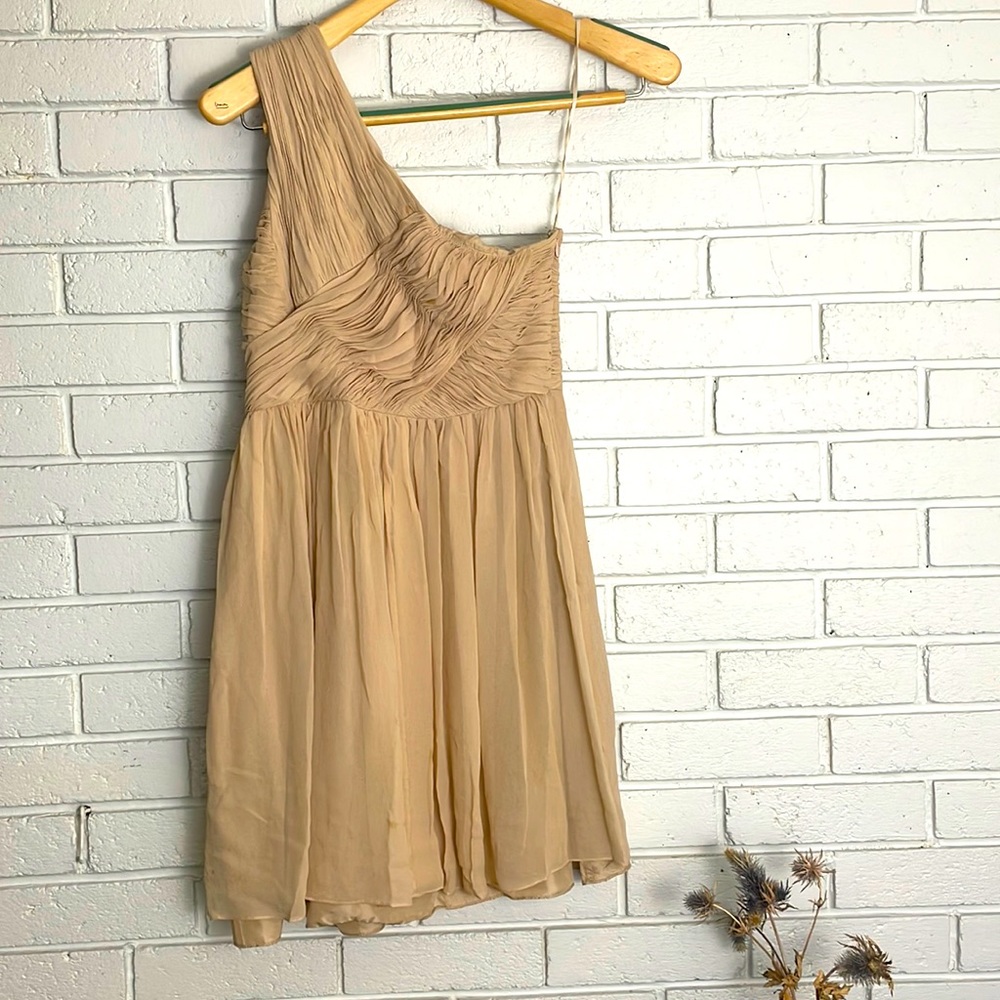 100% Silk Tibi beige neutral colored rouched one-shoulder cocktail dress